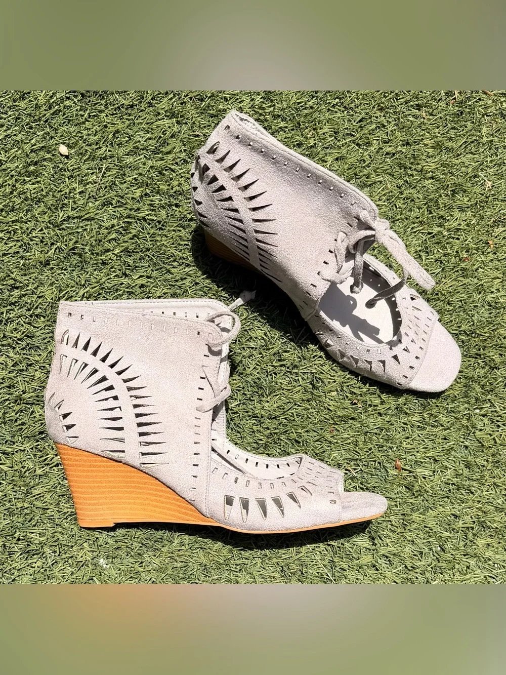 Light Gray Suede Peep-Toe Wedge Sandals - Women